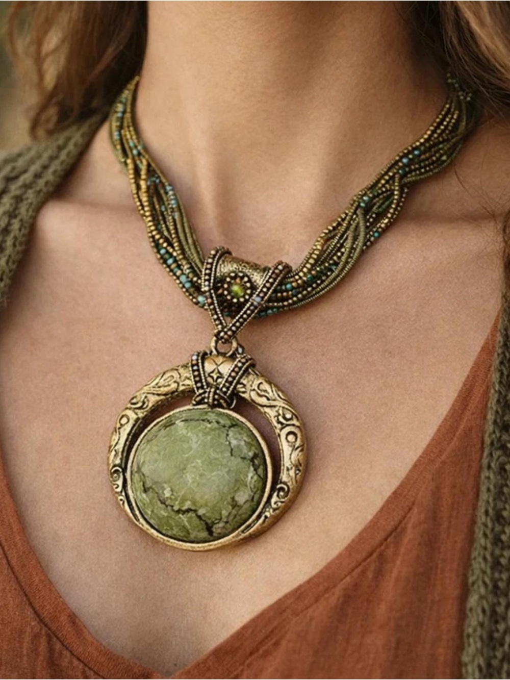 Vintage Olive Green Pendant Necklace with Antique Gold Accents